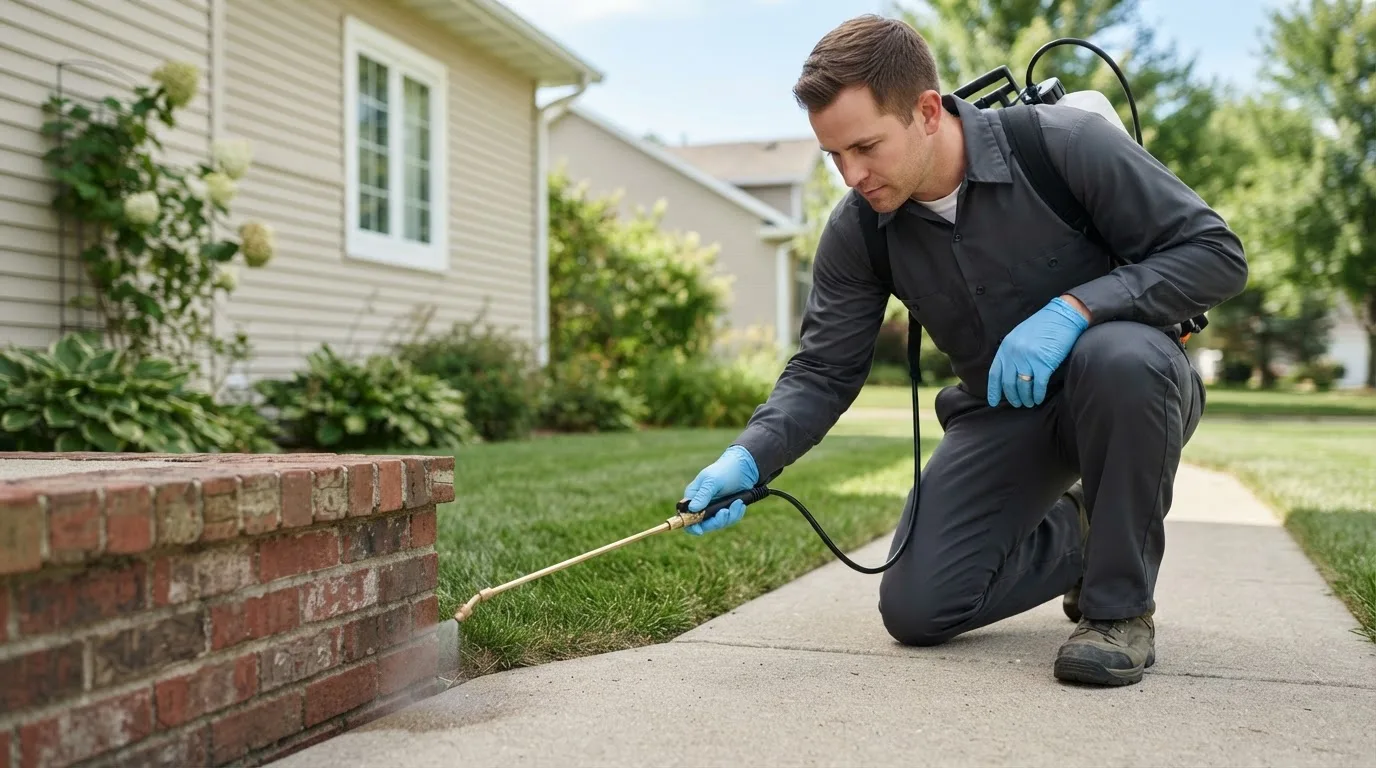 Pest control technician treating a home near Madrid, IA