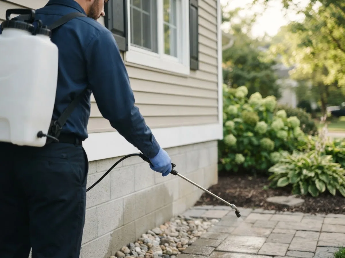 Pest control technician inspecting a home in Madrid, IA